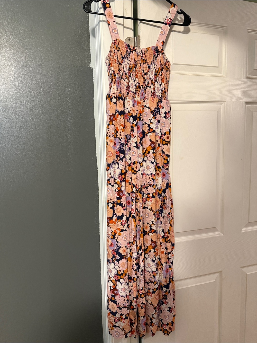 Amazon Floral Smocked Wide-Leg Jumpsuit in Pink, Orange, Navy